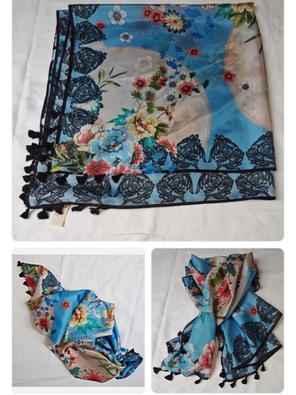 NWT unopened Johnny Was Silk Scarf Blue w Black Tassels, NEW - Picture 9 of 13
